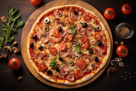 Homemade Pizza Four Seasons With Tomatoes, Mozzarella, Mushrooms, Artichokes, Ham And Olives Close-up On The Table. Horizontal Top View From Above