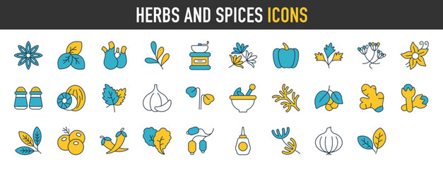 Herbs and spices concept icons set. Such as star anise, oregano, vanilla, paprika, rosemary, salt, pepper, cinnamon and other. Vector symbols for website or mobile app design