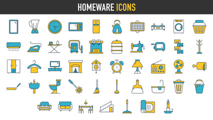Homeware icons such as corkscrew, ac, squeezer, hand sanitizer, trash bin, food container, dining table, toilet paper vector illustration set.