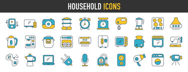 Household appliances vector icons. Such as toaster, blender, hairdryer, electric range, video and photo camera. Vector icon collection - obrazy, fototapety, plakaty