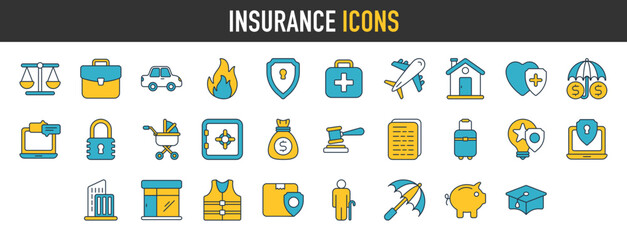 Insurance icon set. Containing healthcare medical, life, car, house, care, travel insurance icons. Solid icons vector illustration.