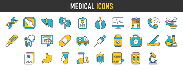 Medicine icon. Health icons for web and mobile app.  Emergency, medical equipment, nurse, pills, clinic, RX, MRI, doctor, lab, virus, prescription vector sign