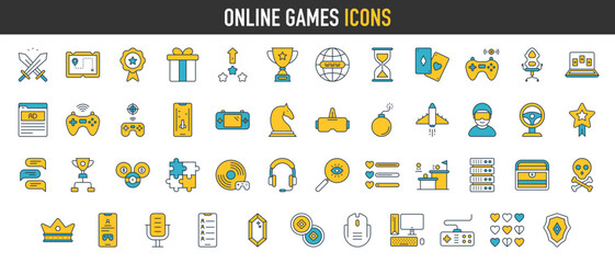 Online game Icons. Such as video games, gaming, technology, gadget, esport. Vector illustration.