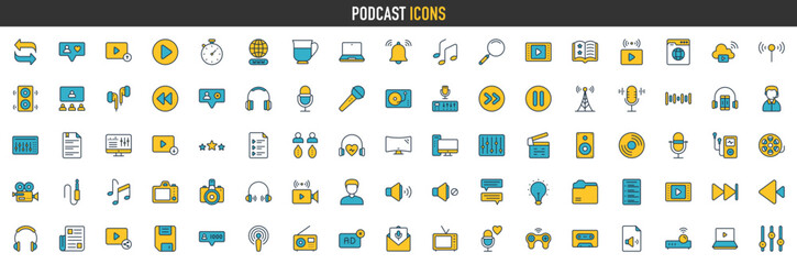 Podcast icon collection. Containing audio, webcast, video, news, microphone, record, podcasting, broadcasting and entertainment icons. Vector illustration.
