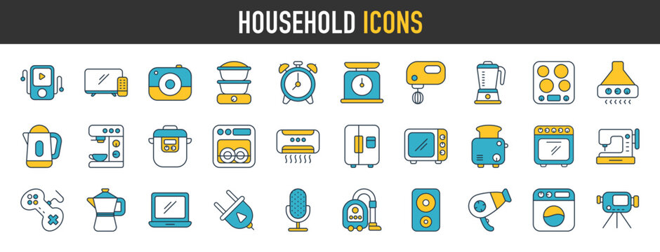 Household appliances vector icons. Such as toaster, blender, hairdryer, electric range, video and photo camera. Vector icon collection