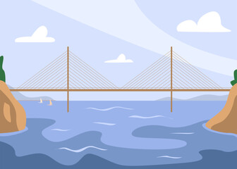 Cartoon Bridge Architecture. Suspension River Crossing Bridgework. Nature, Landscape. Flat Vector Illustration.