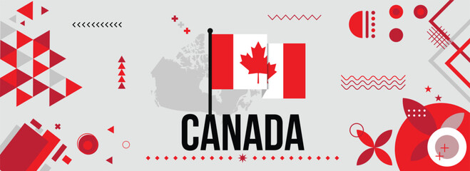 Canada national or independence day banner for country celebration. Flag and map of Canadians with raised fists. Modern retro design with typorgaphy abstract geometric icons. Vector illustration. - obrazy, fototapety, plakaty