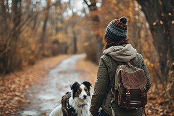 Autumn Walk: A woman and Dog Enjoying the Fall Scenery