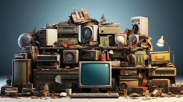  Old Computers, Digital Tablets, Mobile Phones, and Various Used Electronic Devices and Gadgets, Alongside Broken Household Appliances, on a White Background. 