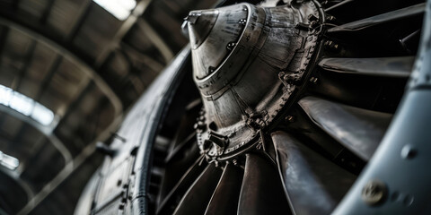 Close-up of a new aircraft turbine. Aviation, production and supply of passenger and military aircraft. Maintenance of air transport.