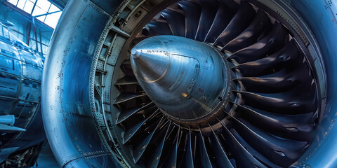 Close-up of a silver aircraft turbine. Aviation, production and supply of passenger and military aircraft. Maintenance of air transport.
