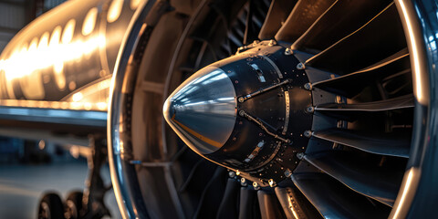 Close-up of a new aircraft turbine. Aviation, production and supply of passenger and military aircraft. Maintenance of air transport. - Powered by Adobe