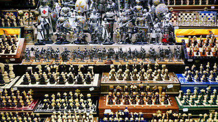 Figurines and chesses on display in a market stall in Budapest, Hungary,