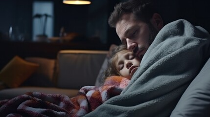 Fototapeta premium man take care of little ill daughter. Sick child lying on bed under blanket, with worried. single dad taking care of sick daughter at home. child has a high fever. covers on the couch and ill