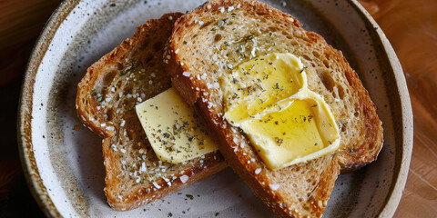 Delicious toasted wheat toast with melted butter chunks. Whole wheat toast for breakfast, bread and butter on table. - obrazy, fototapety, plakaty