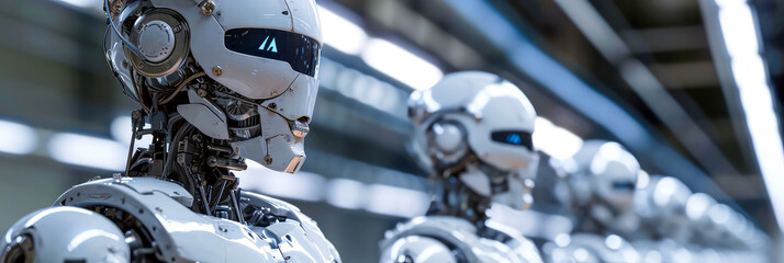 Fototapeta premium Menschliche Roboter mit künstlicher Intelligenz lösen Probleme der Zukunft 