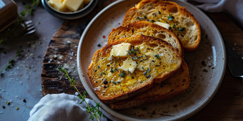 Delicious toasted wheat toast with greens and melted butter chunks. Whole wheat toast for breakfast, bread and butter on table.