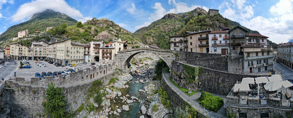 Drone view at the village of Pont Saint Martin on Aosta valley in Italy © fotoember
