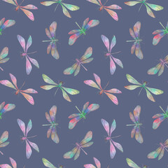 dragonflies drawn in watercolor digitally, seamless pattern on a blue background for the design of wrapping paper, wallpaper, textiles