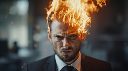 Hot Head Businessman in Angry Mood and Emotion with Fire on head in Office - obrazy, fototapety, plakaty