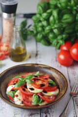 A bowl with traditional Italian caprese salad	