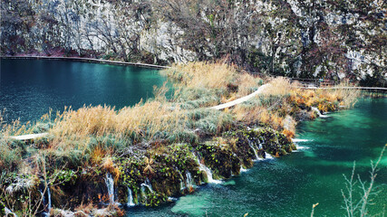 Landscape of Plitvice Lakes National Park in Croatia during winter
