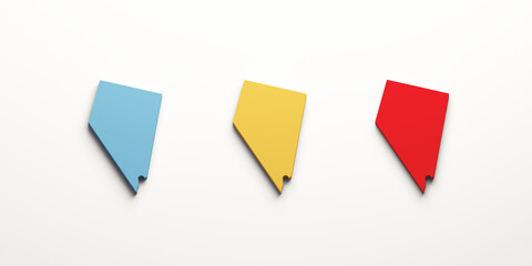 Triptych of Nevada State Maps - A Series of Nevada Silhouettes in Blue, Yellow, and Red on a White Background, Illustrating Diversity and State Pride. 3D Style