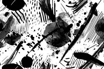 Obraz premium A bold seamless pattern with dramatic black ink brushstrokes and splatters on a white background, suitable for contemporary wallpapers, avant-garde textiles, and graphic prints.