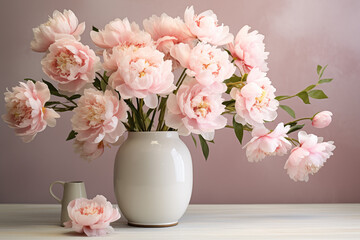 Bouquet of pink peonies in a white vase
