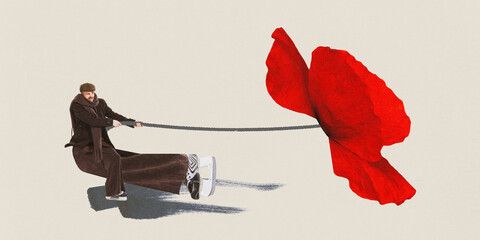 Poster. Contemporary art collage. Young man on skates carrying huge poppy symbolizing romance and...
