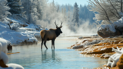 Majestic elk wading through a misty river in a snowy landscape, embodying the essence of winter wildlife.