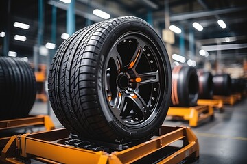 A new tire in Large warehouse of car tires, Transportation and automotive maintenance concept. ai generative