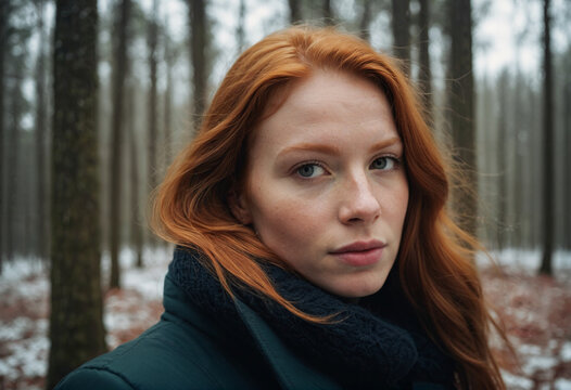 Portrait of a beautiful caucasian ginger woman with long red hair in cold winter forest generative ai image