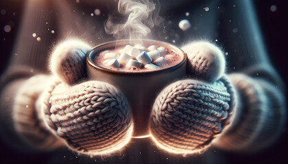 A photorealistic and hyper-detailed image of hands in fluffy mittens holding a steaming mug of hot chocolate.