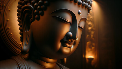 A close-up of the Buddha's serene face with a gentle smile, in a tranquil setting.