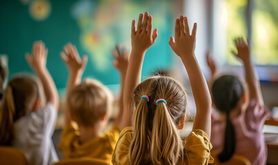 Fototapeta premium Children raise their hands to answer in the classroom. Back To School concept. Backdrop with selective focus