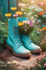 Bouquet of colorful wildflowers in boots in garden on background of green grass.