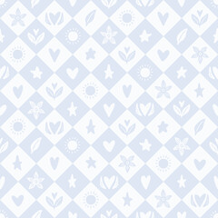 Seamless vector pattern with a diamond checkerboard filled with borage flowers, leaves, stars, and winged hearts in cloud blue on a light background. Playful design for kids decor and clothing.