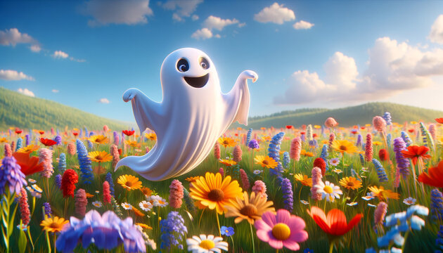 A whimsical animated art style image of a ghost dancing in a field of wildflowers.