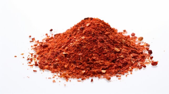 an isolated heap of crushed red pepper flakes on a pristine white surface, highlighting the fiery color and textured consistency of this spicy seasoning.