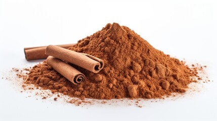 an isolated heap of ground cinnamon on a clean white canvas, showcasing the aromatic and...