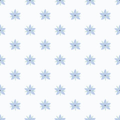 Seamless vector pattern with borage flowers in blue and green arranged in a brick repeating pattern on a pale cloud blue background. Minimalist floral design for kids clothes, decor, wallpaper.