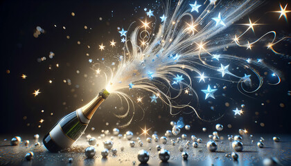 A photorealistic image of a champagne bottle with silver and blue stars spraying out in a celebratory burst.