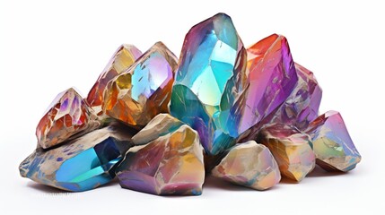 an isolated heap of iridescent rocks on a white background, showcasing the shimmering surfaces and changing colors in this captivating display. - obrazy, fototapety, plakaty