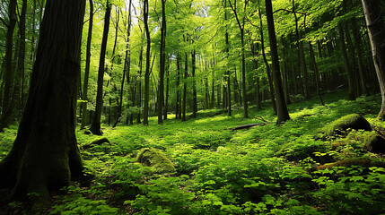 Obraz premium Spring forest with lush green leaves on trees, and green grass, plants on the ground. Sun shining through the trunks, branches. Welcoming the new season, renewal of nature. Enjoying outdoors.