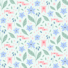 Borage for Courage, a seamless vector pattern with borage flowers and leaves in blue and green and banners of courage and love in pink on a mint background. Playful pastel botanical for fabric, paper.