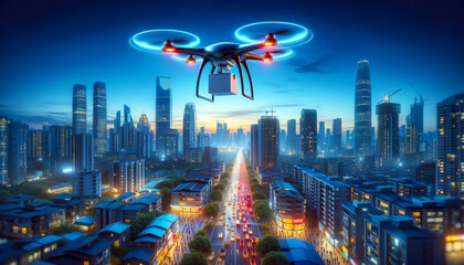 An image of a drone delivery service in a bustling metropolitan city.