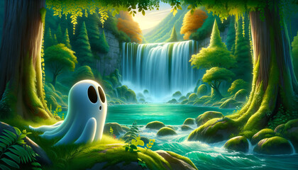 A whimsical animated art style image of a ghost looking at a tranquil waterfall in a lush forest.