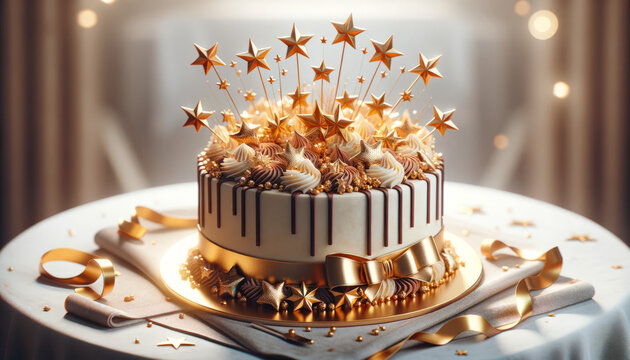 A photorealistic image of a celebration cake topped with edible gold stars and ribbons.