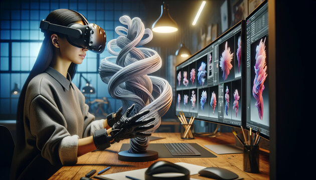 An image of a digital artist creating 3D sculptures in virtual space.